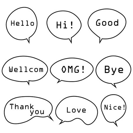 Speech bubbles set with words, speaking and talk, communication and conversation, vector illustrations.のイラスト素材