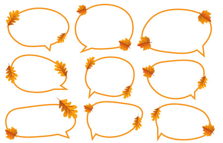 Set autumn speech bubbles on white background. chat box or chat vector doodle message with leaves or communication icon Cloud speaking for comics and  message dialogのイラスト素材