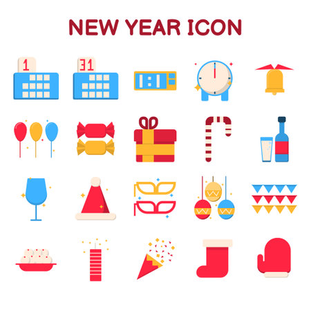 new year party icon, bright colored symbols on new year's eve festival, flat style, vector illustration isolated on white background.のイラスト素材