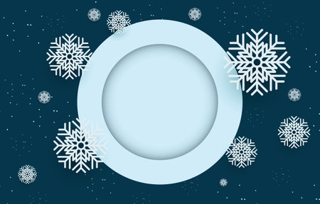 Dark blue background with blank circle frame decorated with snowflakes, vector illustration of winter christmas and new year.のイラスト素材