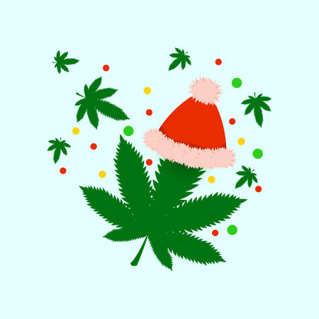 cannabis leaf and santa claus hat,marijuana and christmas concept,vector background for greeting decorationのイラスト素材