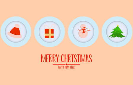 card crcle hang tag with message merry christmas and happy new year. background with blank frame decorated, vector illustration of winterのイラスト素材