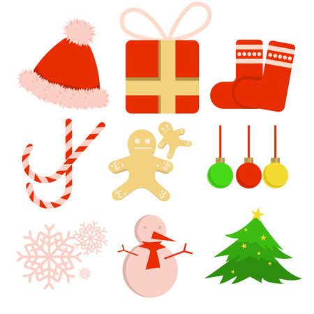 Christmas festival flat icons. Isolated on white background. Christmas decorations and costumes concept. winter cute cartoon illustration vectorのイラスト素材