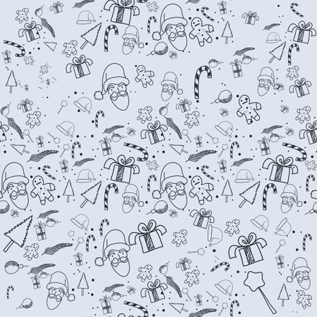 seamless pattern christmas and happy new year greeting card,decoration with snow,santa claus,gifts and sweets,festival doodle style,background vector illustrationのイラスト素材