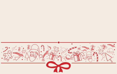 christmas and happy new year greeting card,decoration with snow,santa claus,gifts and sweets,festival doodle style,background vector illustrationのイラスト素材