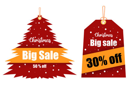 Vector red christmas sale paper price tag, christmas tree shape and red square and snow hand drawn elements, hanging with discount text for newyear shopping holiday promotion Vector illustration.のイラスト素材