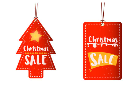 Vector red christmas sale paper price tag, christmas tree shape and red square and snow hand drawn elements, hanging with discount text for newyear shopping holiday promotion Vector illustration.のイラスト素材