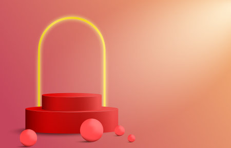 Red Christmas podium decorated with red balls. Empty cylinder mockup background image concept. Vector for design sales and product advertising materials.のイラスト素材