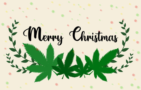 Marijuana leaves and Christmas background. Cannabis plant greeting card idea for new year festival. green leaf vectorのイラスト素材