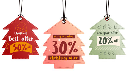 set christmas paper sale price tag. red and golden square label and snow hand drawn elements, hanging with offer discount text for new year shopping holiday promotion Vector illustration.のイラスト素材
