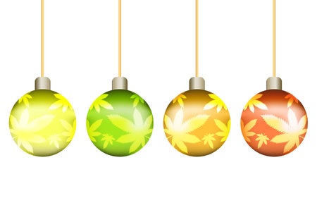 Colorful Christmas balls hanging. Decorated with a pattern of cannabis leaves. new year party and christmas festival illustration vector conceptのイラスト素材