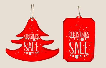 Vector red christmas sale paper price tag, christmas tree shape and red square and snow hand drawn elements, hanging with discount text for newyear shopping holiday promotion Vector illustration.のイラスト素材