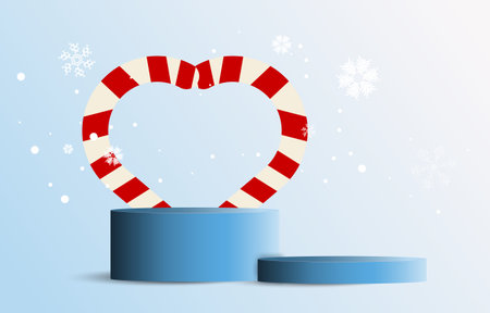 Blue Christmas podium decorated with candy cane and snowflakes. Empty cylinder mockup background image concept. Vector for design sales and product advertising materials.のイラスト素材