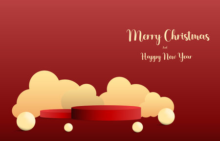 Red Christmas podium decorated with golden clouds. Empty cylinder mockup background image concept. Vector for design sales and product advertising materials.のイラスト素材