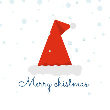Merry Christmas card with santa claus hat on white background with snow falling and Christmas Greeting. vector illustration.のイラスト素材