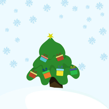 Abstract Christmas Trees and decorated with lights in the snow, Christmas and new year winter greeting card concept.のイラスト素材