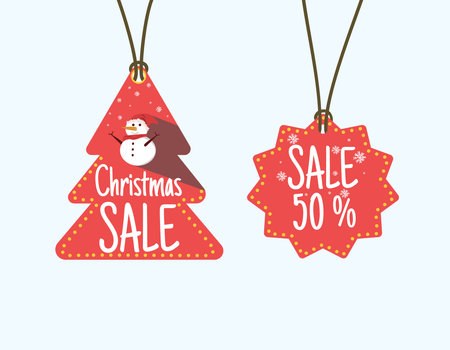 Vector red sale tag decorated with a red christmas tree and christmas sale letters adorned with a cute snowman hanging Vector illustrationのイラスト素材