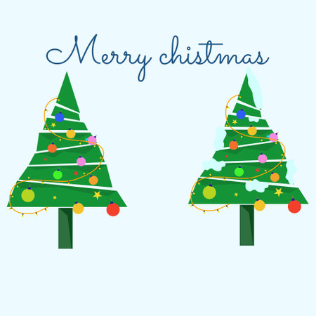 Two Christmas Trees and decorated with lights in the snow, Christmas and new year winter greeting card concept.のイラスト素材