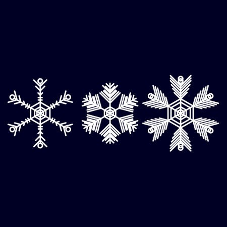 White snow flake vector set isolated on black background, illustration for christmas card decoration, winter concept, new year backgroundのイラスト素材