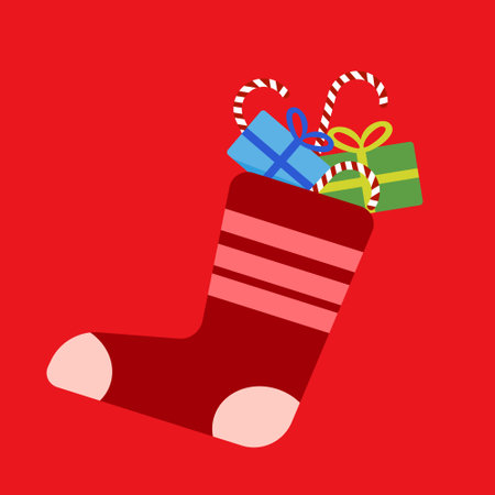 Merry Christmas greeting card. red sock and gift boxs icon decorated for Christmas night. happy new year vector illustration.のイラスト素材