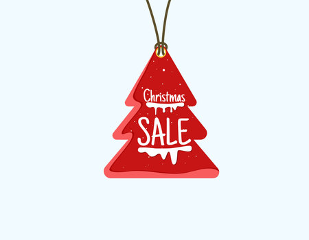 Vector red christmas sale paper tag, christmas tree shape and red and snow hand drawn elements, hanging with discount text for christmas shopping holiday promotion Vector illustration.のイラスト素材