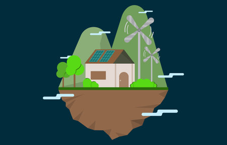 nature friendly home, renewable energy, using solar and wind power to generate electricity, flat style green energy eco illustration vector conceptのイラスト素材