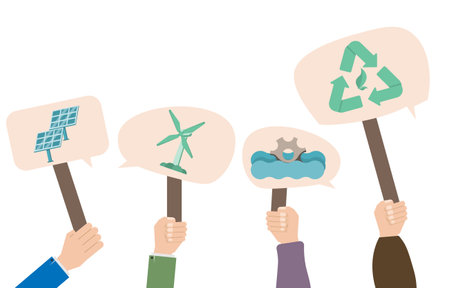 Sustainable use of renewable energy. Vector hand holding a sign for renewable energy campaign. Solar cell signs, wind turbines, water power. The concept of saving the earth and the environmentのイラスト素材