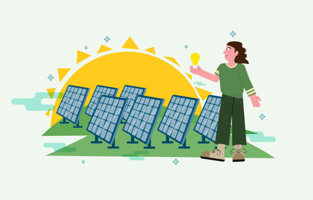 Vector man and solar panels. Clean energy concept. Sustainable economic growth with renewable energy and natural resources. Environmental protection illustration.のイラスト素材