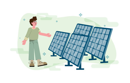 Vector man and solar panels. Clean energy concept. Sustainable economic growth with renewable energy and natural resources. Environmental protection illustration.のイラスト素材