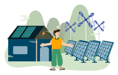 Vector man and solar panels and wind turbines to generate electricity. Clean energy concept. house with renewable energy and natural resources. Environmental protection illustration.のイラスト素材