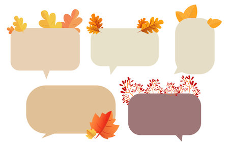 Set speech bubbles with brown leaves. Autumn and fall concept on white background.warm color chat vector doodle message or communication icon Cloud speaking for comics and minimal message dialogのイラスト素材