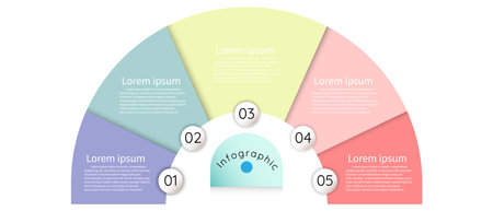 Infographic sectioned template for business information presentation. Vector half circles and geometric elements. Modern workflow diagrams. Report plan 5 topicsのイラスト素材