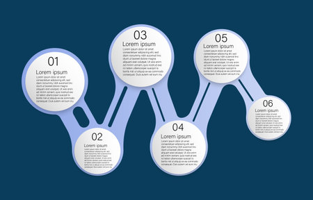 Infographic template for business information presentation. Vector circles and geometric elements. Modern workflow step diagrams. Report plan 6 topics.のイラスト素材