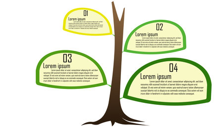 Infographic trees and leaves renewable energy template for consumption sustainable information presentation. Vector suare and geometric elements. green modern workflow diagrams. Report plan 4 topicsのイラスト素材
