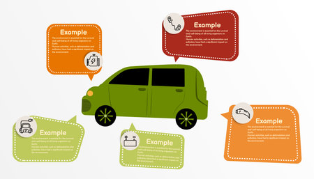 Infographic eco car template for energy consumption sustainable information presentation. Vector square and icon elements. ecology modern workflow diagrams. Report plan 5 topicsのイラスト素材