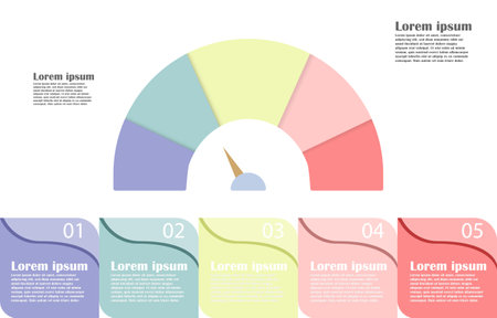Infographic gauge template for  business information presentation. Vector show level on half circle and square text box. Modern workflow diagrams with sample text. Report plan 5 topicsのイラスト素材