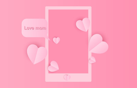 Vector illustration of mobile frame, sending message "love mom", decorated with light pink paper cut hearts, social media concept.のイラスト素材