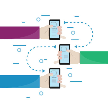 Social media concept. Vector illustration in flat style. Two hands with smartphones.のイラスト素材