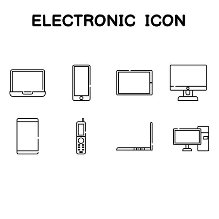 Electronic devices and media devices such as computers and laptops, line styles, icons on a white backgroundのイラスト素材