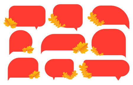 Set speech bubbles with brown leaves. Autumn and fall concept on white background.warm color chat vector doodle message or communication icon Cloud speaking for comics and minimal message dialogのイラスト素材
