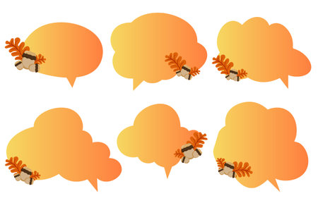 Set speech bubbles with brown leaves. Autumn and fall concept on white background.warm color chat vector doodle message or communication icon Cloud speaking for comics and minimal message dialogのイラスト素材