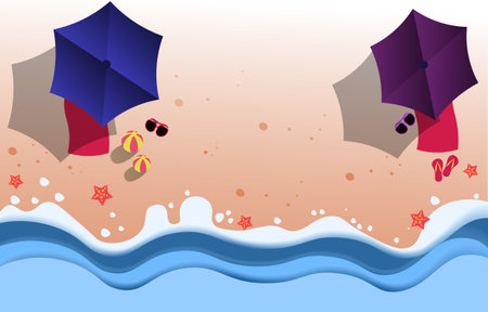 Summer beach aerial view, sea vector from top view, free space for design, decorated with balls and umbrellas, mats and starfish.のイラスト素材