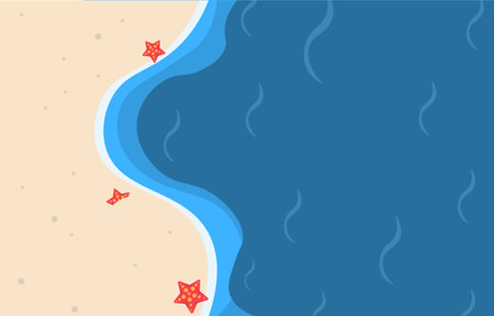 Summer beach background aerial view, sea vector from top view, free space for design, decorated with starfish.のイラスト素材
