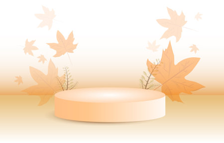 Light Brown cylindrical podium decorated with leaves. Autumn concept. Background for designing sales or advertising of fall festival products. vector illustrationのイラスト素材