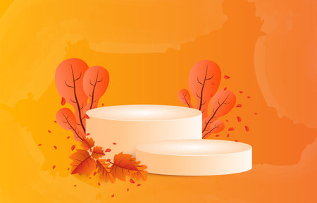 Light Brown cylindrical podium decorated with leaves. Autumn concept. Background for designing sales or advertising of fall festival products. vector illustrationのイラスト素材