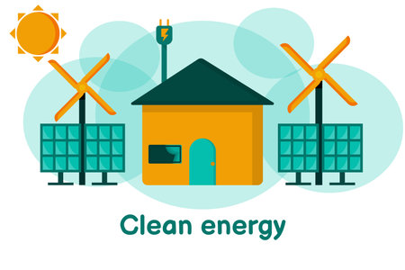 Home and alternative energy use Solar and wind energy are clean energy. Is an alternative to conserve the environmentのイラスト素材