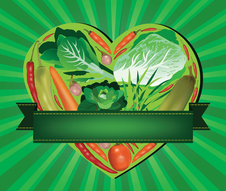 vegetables inside heart shaped bannerのイラスト素材