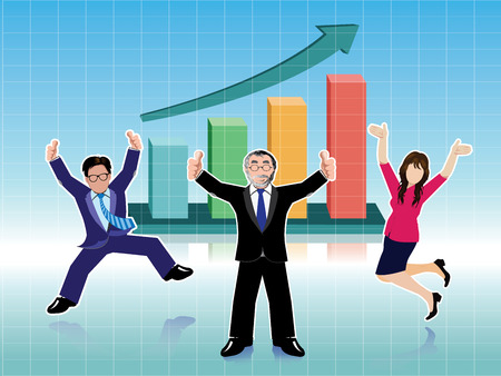 Businessman and Businesswoman jumping with business graphs backgroundのイラスト素材