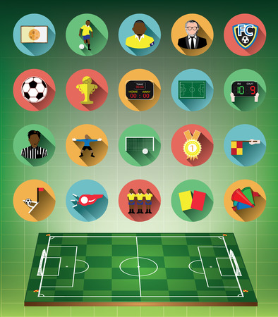 Green 3d soccer field with flat soccer icons setのイラスト素材