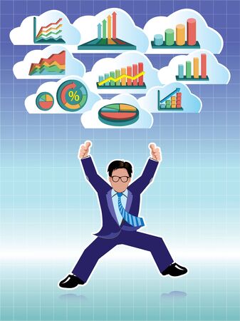 Businessman jumping with business graphs cloud setのイラスト素材